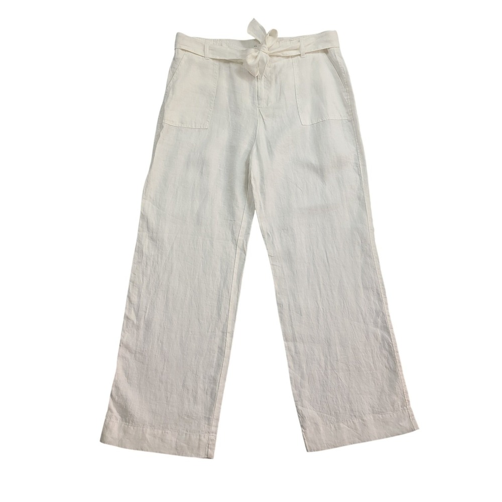 Adrienne Vittadini White Linen Wide Leg Pants Women's 14 Tie Waist Pockets